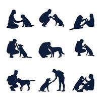 Hand drawn a man with pets silhouette set vector