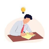 Male student to study. Young man thinking and writing with papers and pens. Student sitting on chair at school, imagining and creating. vector