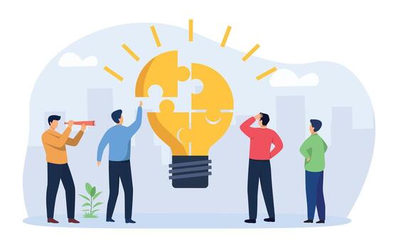 Idea development, brainstorming to collect a new idea, teamwork to find a solution, business people connecting puzzle elements of a bulb symbolizing creative idea. vector