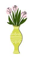 Hand drawn flat illustration of a classic yellow vase with ornament and pink flowers with green leaves isolated on a white background vector