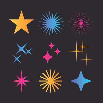 A sparkling collection of glitter, blink, and shimmer elements in various shapes. Ideal for decorations, highlights, festive designs, or creative projects. vector