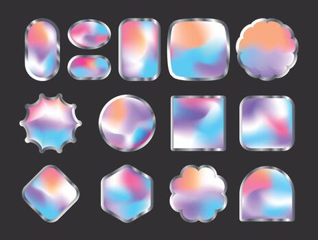 un conjunto de vistoso y vibrante holograma etiquetas con vívido gradientes y brillante texturas, ideal para embalaje, marca, decoración, o futurista diseño temas vector