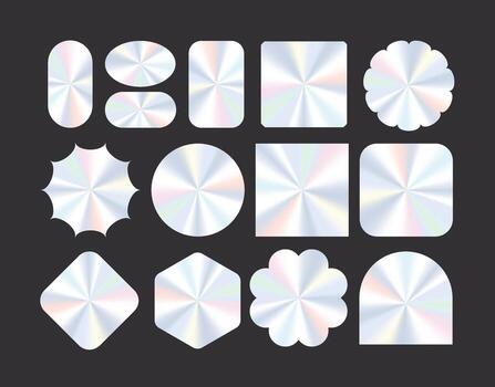 un conjunto de vistoso y vibrante holograma etiquetas con vívido gradientes y brillante texturas, ideal para embalaje, marca, decoración, o futurista diseño temas vector