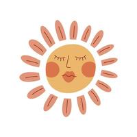 A stylized sun illustration with a smiling face. The sun has a round yellow body and elongated orange rays. The design is simple and cheerful, suitable for various themes. vector