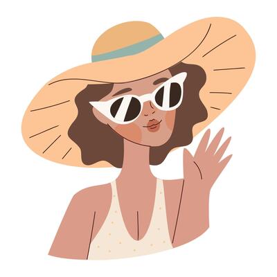 A young woman with curly brown hair wears a large sun hat and sunglasses. She is smiling and waving, embodying a cheerful summer vibe.