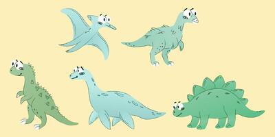 Five cartoon dinosaurs in various poses. Includes a pterosaur, a long-necked dinosaur, a stegosaurus, and two other dinosaur types. Colorful and playful design. vector
