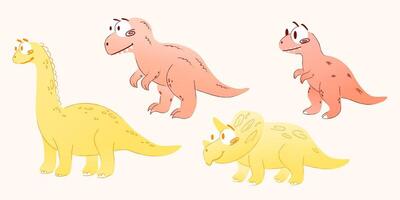 Four colorful cartoon dinosaurs in various poses. Includes a yellow brontosaurus, a pink T-rex, and two smaller yellow dinosaurs. Fun and playful design. vector