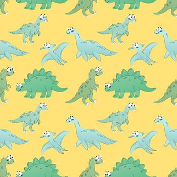 A colorful pattern featuring various cartoon dinosaurs on a yellow background. Includes a stegosaurus, a brontosaurus, and a pterodactyl. vector