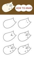 How to draw fluffy fat cat cartoon step by step for learning, drawing, kindergarten, coloring book and education vector