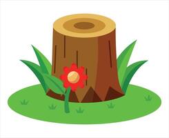 ilustración de un árbol tocón con rojo flor y verde césped vector