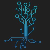 Abstract digital tree design resembling a printed circuit board in blue gradient tones on a black background. vector
