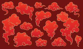 Oriental Asian Clouds Collection. Red elegant Chinese style clouds with golden border. Asian japanese traditional cloud ornaments set. Chinese new year clouds icons. vector