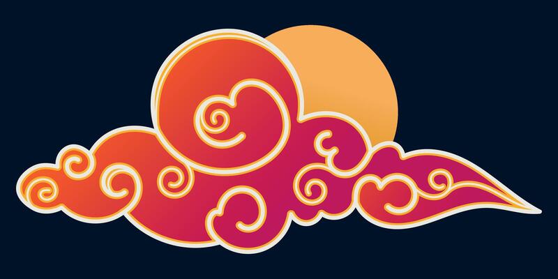 Japanese and Chinese Creative Red Cloud With Hand Drawn Swirls and Wavy Outlines. Sky with blue clouds and sun. Abstract cloud icon in oriental style.