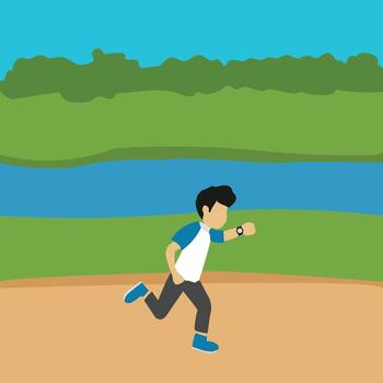 A man running on a field with a river in the background vector