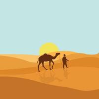 A man walking with a camel in the desert vector
