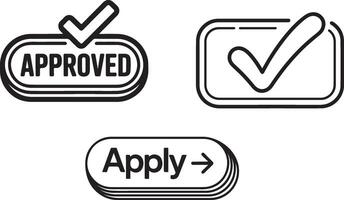 Black and white illustration of approved and apply buttons with checkmarks vector