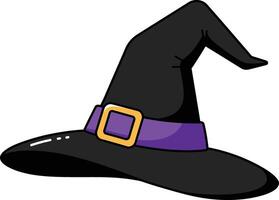 Cartoon witch hat with a purple band and gold buckle, perfect for halloween decorations, party invitations, and spooky designs. The classic pointed shape adds a touch of magic. vector
