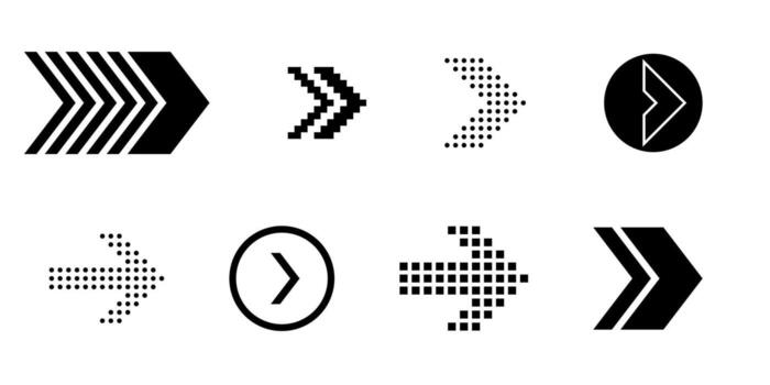 Next slide arrow icons for swipe and scroll interface elements with hand and finger navigation in pixel and line styles for button movement and screen direction vector
