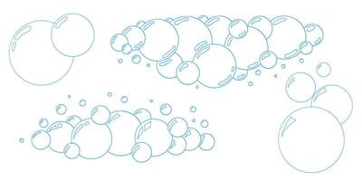 Hand drawn soap bubble outline illustrations. doodle foam balls with sparkle light spots. Water and soda bubble collection for cleaning, kids, hygiene, or shampoo packaging design. vector