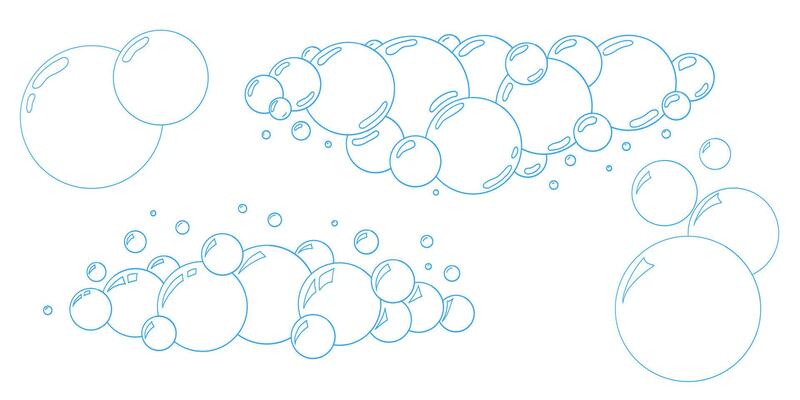 Hand drawn soap bubble outline illustrations. doodle foam balls with sparkle light spots. Water and soda bubble collection for cleaning, kids, hygiene, or shampoo packaging design.