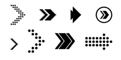 Directional arrows for swipe and scroll icon set in format with line and pixel arrows pointing next up down left right for hand gestures and button navigation vector