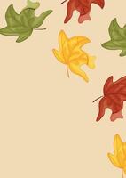 vertical poster of autumn leaves, namely multi-colored maple leaves that bend sideways on a yellow background, for autumn patterns, postcards or websites vector