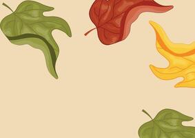 horizontal poster of autumn leaves, namely multi-colored maple leaves in a bent state, side view, on a yellow background, for autumn patterns, postcards or websites vector