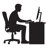 Silhouette of a man sitting at a desk typing on a computer keyboard person vector