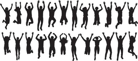 Diverse group of people silhouettes jumping with arms raised in celebration vector