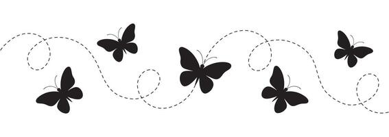 Black butterflies flying in a dashed line pattern on white background butterfly flight path vector
