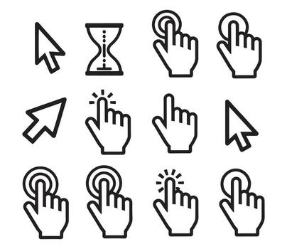 Black computer cursor arrow and hand pointer icons with hourglass click vector