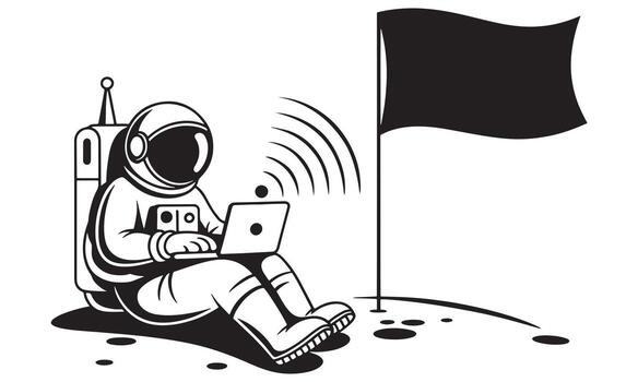 astronauta sentado en lunar superficie utilizando ordenador portátil con Wifi señal y bandera espacio Luna vector