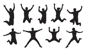 Eight Black Silhouettes of People Jumping with Arms Raised celebration vector