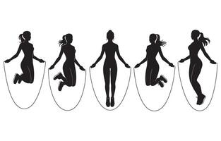 Five black silhouette women jumping rope in different poses fitness exercise vector