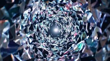 virvlande glas skärvor skapa en fascinerande virvel, ledande till en ljus ljus på de tunneln slutet, visa upp en fängslande samspel av fysik och vibrerande färger i rörelse video
