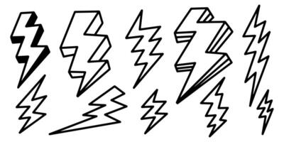 hand drawn sketch style lightning collection illustration. thunderbolt doodle icon set. EPS 10 vector