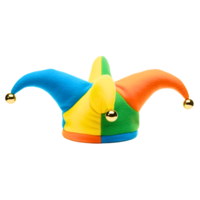 Multicolored jester hat with four floppy points and golden bells png