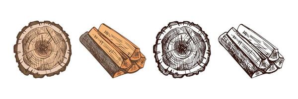 Hand drawn vintage sketch of firewood and tree stump cross section in color and monochrome rustic version vector