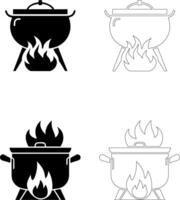 World Food Day cooking pot and flame icons silhouette and outline set of four vector