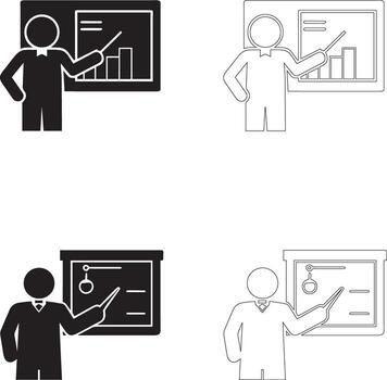 Teachers Day Icon Set Teacher Presenting Bar Graph and Pie Chart in Solid and Outline Styles vector