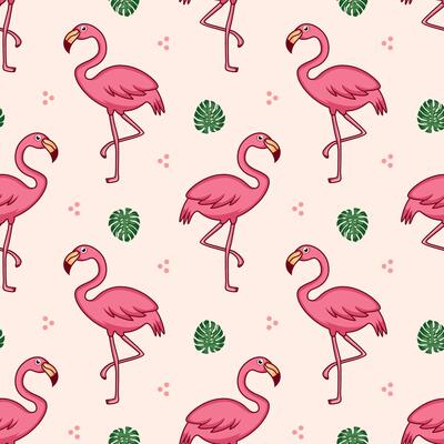 cute flamingo seamless pattern with tropical leaves
