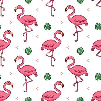 seamless pattern with flamingos and leaves vector