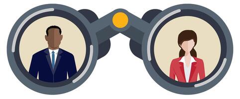 Pair of binoculars with lenses showing two business people, a woman in one lens and a man in the other. Dressed in office attire, symbolizing vision, and strategic outlook in business or corporate. vector