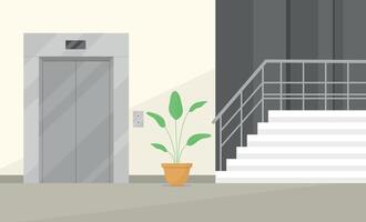Interior with elevator, stairs and plant. Staircase in office building, medical center. vector