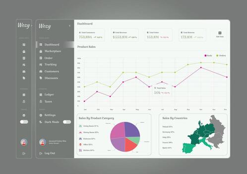 moderno administración tablero ui equipo oscuro modo ventas analítica panel vector