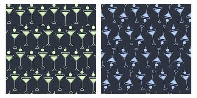 Martini Glasses and cherry symbolic Seamless background Neon light yellow green on dark. Isolated illustration Beverage Menu Cards Background Wallpaper posting, promo banner, leaflet vector