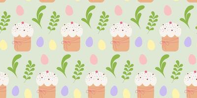 Colorful Easter Eggs Sprinkled Easter Cake and green twigs Seamless Pattern Easter Celebrations fond. Isolated Illustration Greeting Thematic Cards Background Festive Wrapping or wallpaper idea vector