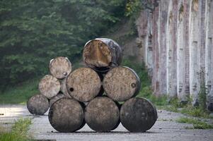 Stack of Weathered Metal Barrels Outdoors Near an Abandoned Wall in a Forest photo