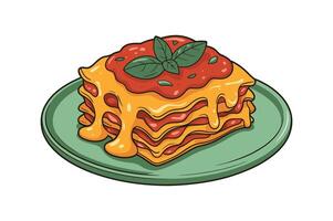 Delicious Lasagna on a Green Plate Cartoon Illustration with Cheese and Basil Topping Ideal for Menu Design and Food Blogs vector