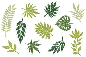 Hand-drawn set of shaded tropical leaves in green tones with engraved and sketched texture, ideal for botanical or eco-themed designs. vector